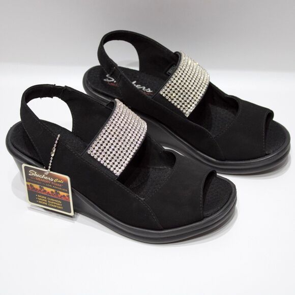 NWT Skechers Cali Rumblers Black Wedge Sandal Diamond Bedazzled Women Size 6 - Picture 1 of 13
